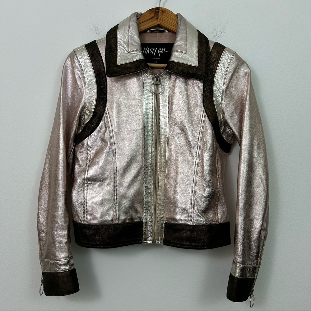Nasty Gal Metallic Rose Gold Lambskin Leather Moto Jacket Size Small